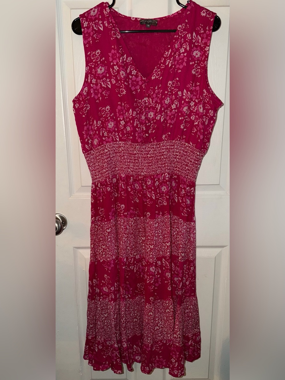 Sleeveless Magenta Floral Midi Dress with Smocked Waist